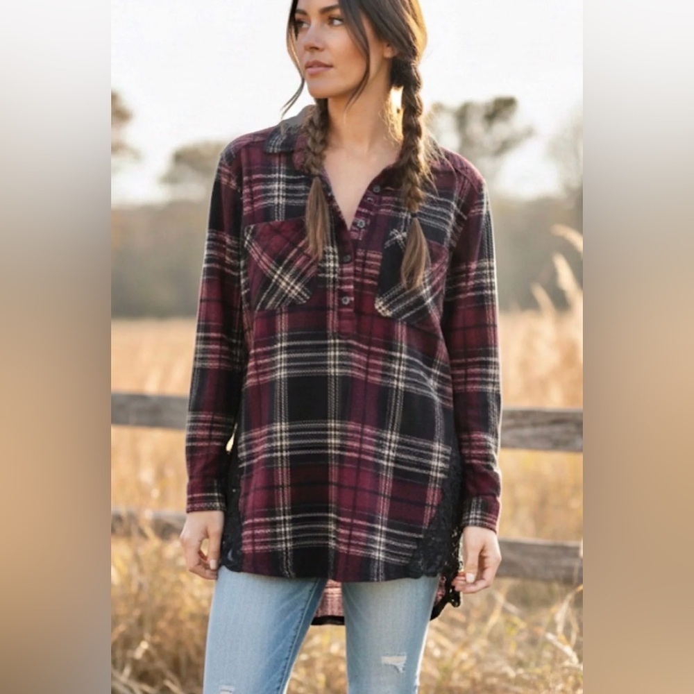 French Laundry Plaid Crochet-Trim Henley M Dark Academia Gorpcore Whimsigoth